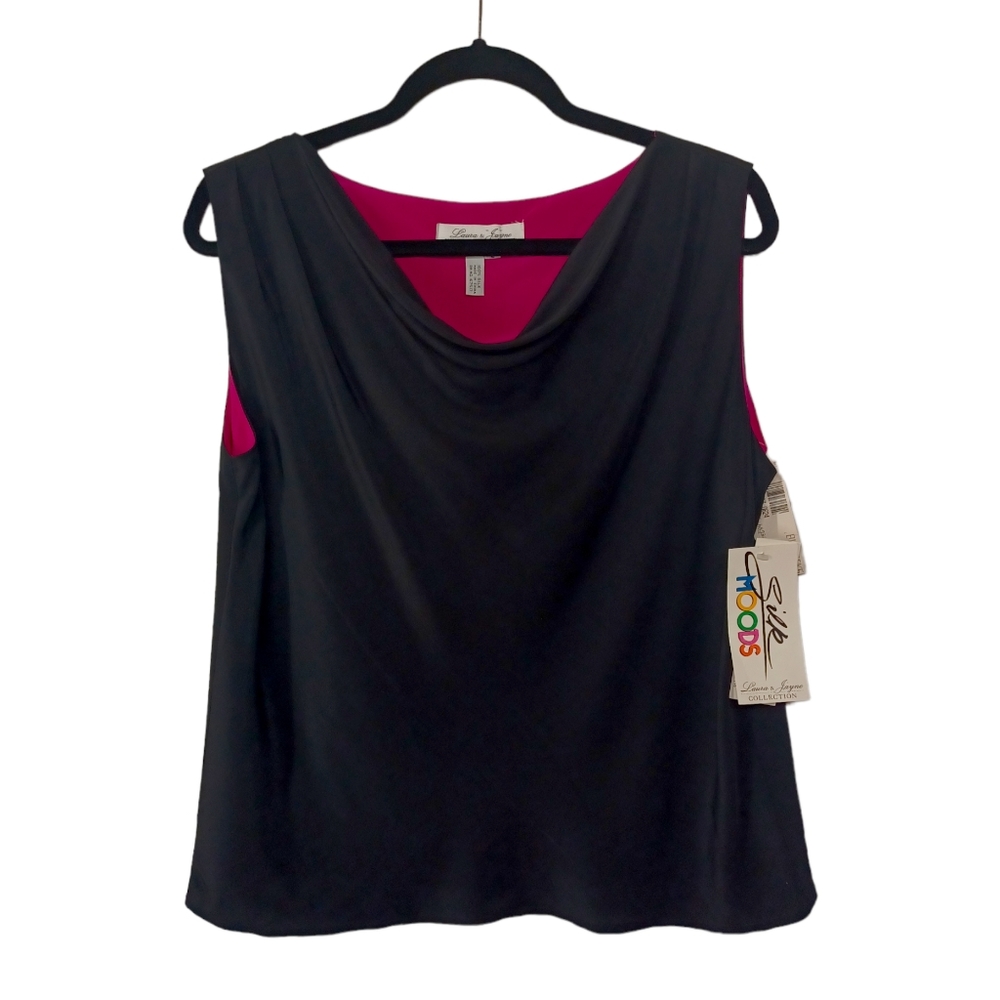 VTG LAURA & JAYNE 100% Silk Black Pink Lining Sleeveless Cowl Top Large NWT